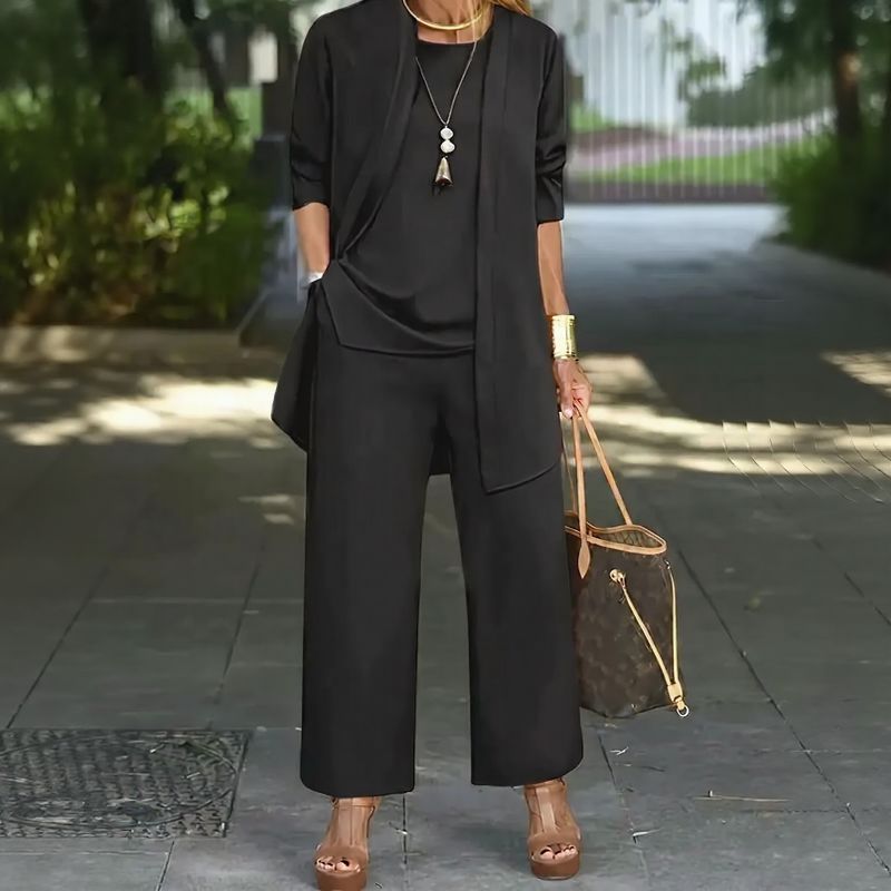 Conjunto Jade Minimalista de 3 Piezas con Pantalón Palazzo y Cárdigan Largo