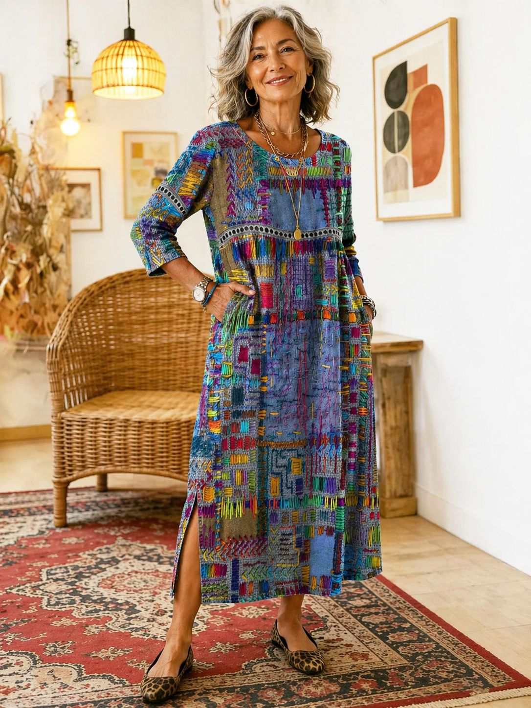 Adriana - Vestido Denim con Patchwork Étnico