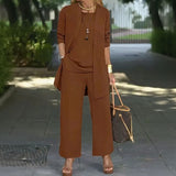 Conjunto Jade Minimalista de 3 Piezas con Pantalón Palazzo y Cárdigan Largo