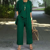 Conjunto Jade Minimalista de 3 Piezas con Pantalón Palazzo y Cárdigan Largo