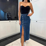 Falda Vaquera Lorena con Abotonado Frontal y Abertura Elegante