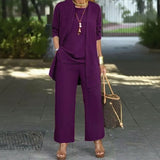 Conjunto Jade Minimalista de 3 Piezas con Pantalón Palazzo y Cárdigan Largo